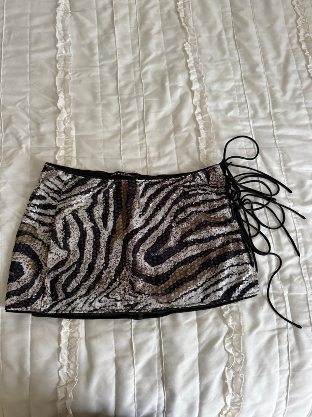 SHEIN Black Silver Brown Sequin Zebra Mini Skirt with Side Tie